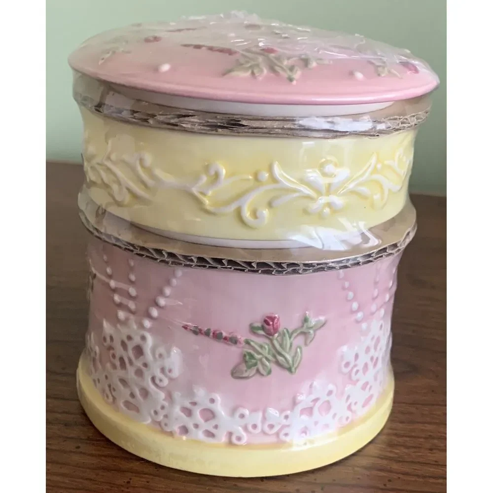 Trinket Dish Covered 2 Parts Pink & Yellow‎ Dresser Ceramic 3.5